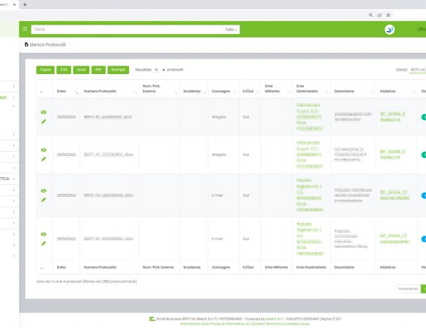 Pagina di elenco protocollo